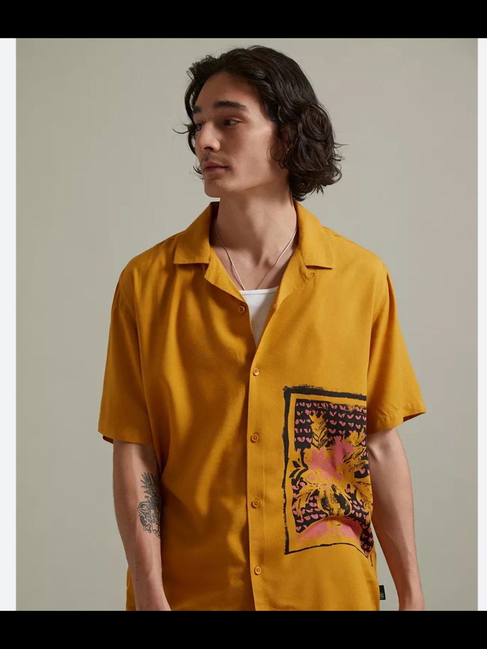 Urban Outfitters Mustard Short-Sleeve Button-Down with Pink & Black Print Large